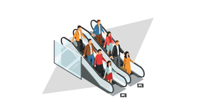 An isometric vector illustration shows a diverse group of people traveling up and down on two parallel escalators in a public space like a mall or station.