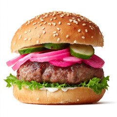 Freshly Made Burger with Juicy Patty, Crisp Lettuce, Sliced Pickles, and Colorful Onions in a Sesame Seed Bun