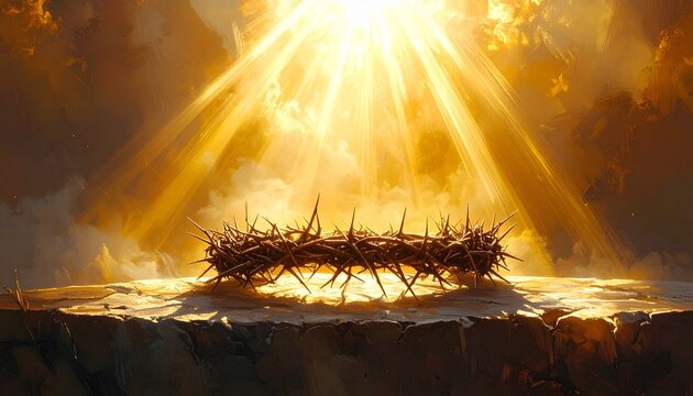 A crown of thorns rests on a stone surface illuminated by a divine beam of light