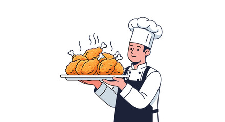 A smiling male cartoon chef, wearing a white toque and dark apron, confidently holds a large silver platter overflowing with steaming fried chicken drumsticks against a plain white background.