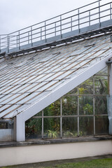 Obraz premium Title: Modern Greenhouse Roof with Glass Panels and Metal Structure