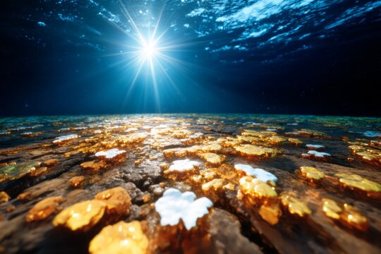 Ethereal Abyssal Plain Landscape with Strange Manganese Nodules Under Ocean Light