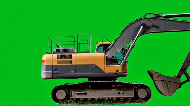 Construction Excavator Driving Left to Right on Green Screen Background