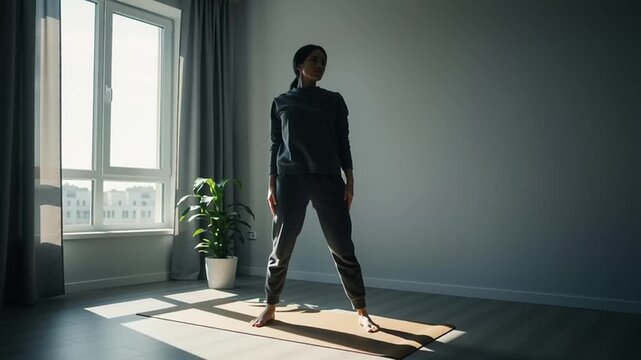 A woman practices yoga in a serene room with a large window and a potted plant, captured in a video.
