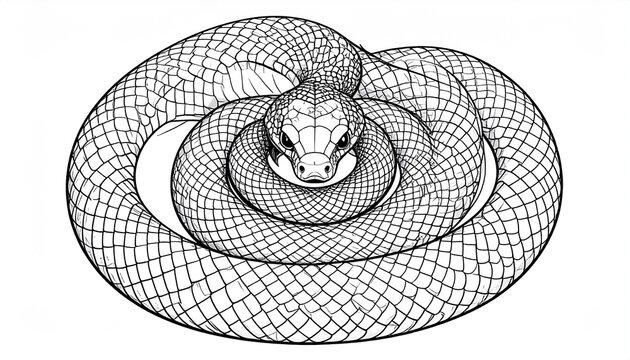 A detailed black and white snake coiled in a realistic scale pattern line art.