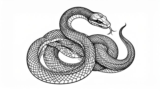 A detailed black and white snake coiled in a realistic scale pattern line art