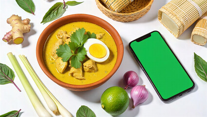 Delicious thai curry soup with ingredients and smartphone on white background