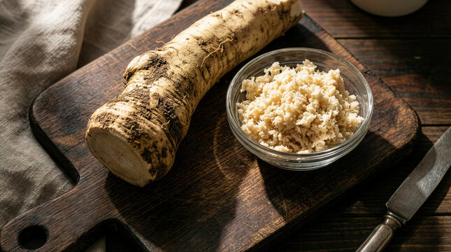 Fresh horseradish root and grated maror in a glass bowl on a wooden board, bitter herbs for Jewish Passover Seder, traditional Pesach symbolic food preparation, rustic kitchen.