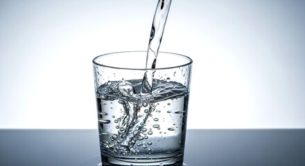 Pouring fresh, clean water into a transparent drinking glass, capturing the essence of purity, refreshment, and healthy hydration