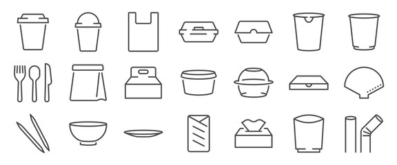 disposable tableware icon set. It includes package, paper, recycle,&nbsp;eat, and more icons. Editable Vector Stroke.