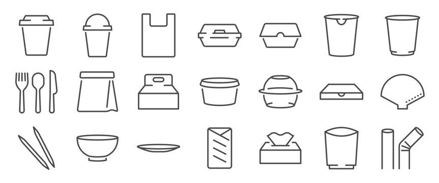 disposable tableware icon set. It includes package, paper, recycle,&nbsp;eat, and more icons. Editable Vector Stroke.