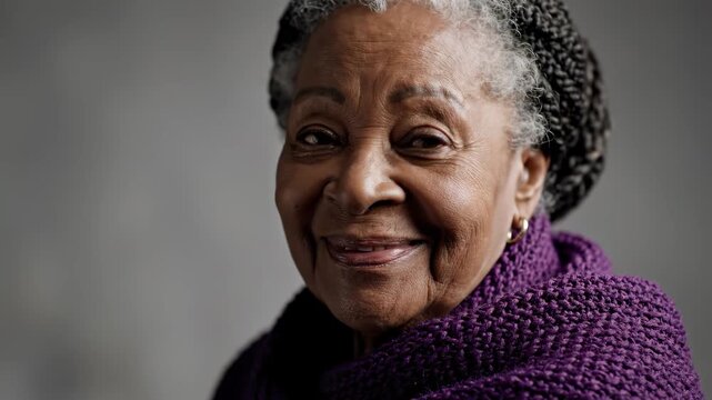 Portrait of a smiling elderly woman with a purple scarf.
