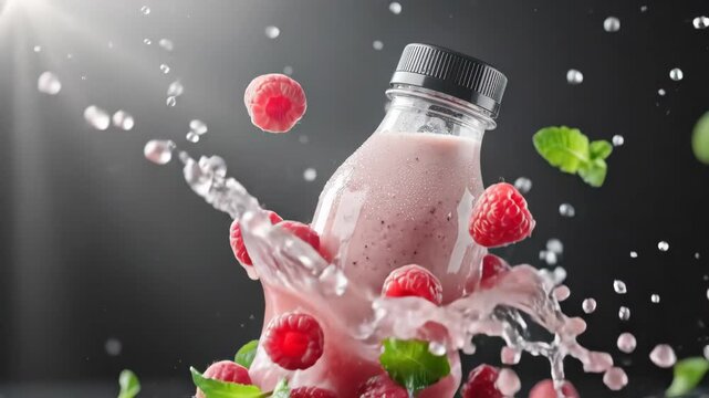 Delicious raspberry smoothie bottle with mint leaves and water splash.