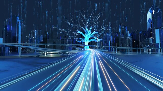 Future tech city transportation, a glowing blue digital tree stands at the heart of a futuristic cityscape, many rays of light flow rapidly along the city roads, binary code rises in tech cities.