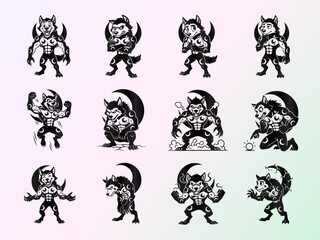 Dynamic Werewolf Character Collection with Lunar Symbols - Cartoon Mythology Vector Set