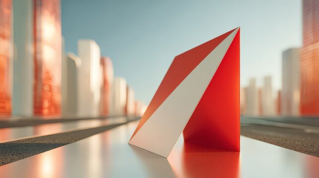 A minimalist, triangular structure composed of interlocking red and white planes. Visualizing modern city development, innovative building materials, or the integration of public art in metropolitan s