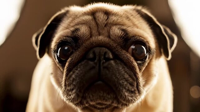 Adorable Pug Dog Close Up Portrait, Cute Pet Face, Brown and Black.