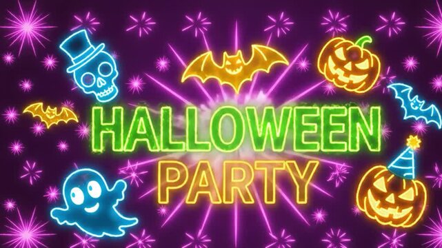 Neon sign style halloween party announcement with icons