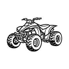 Fototapeta premium Dynamic black and white illustration of a rugged atv quad bike with bold lines and large tires showcasing off road adventure and recreational excitement on a clean white background