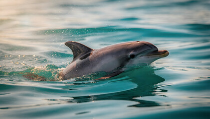 Obraz premium Graceful Marine Mammal Emerges from Turquoise Water, Sunlight Reflecting on Gentle Waves, Symbolizing Freedom, Intelligence, and Ocean Serenity