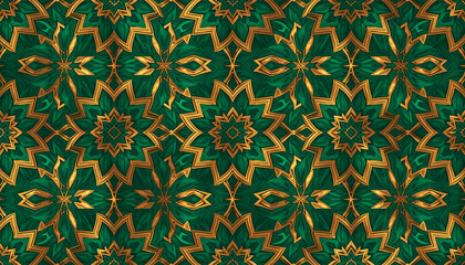 Obraz premium Luxury emerald and gold seamless Islamic geometric pattern. Elegant ornamental design ideal for Eid al-Fitr 1447H 2026 backgrounds, wrapping, branding and premium templates.