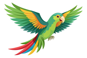 Fototapeta premium Colorful parrot in flight with multicolored feathers and vibrant wings on a clean white background
