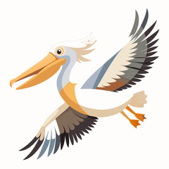 Fototapeta premium Colorful stylized pelican illustration with outstretched wings in mid-flight on a white background for artistic nature design