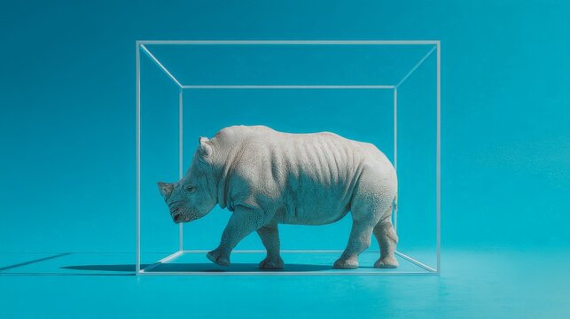 A rhinoceros standing inside a wireframe cube used for "thinking inside the box" to find stability, or, opposite, to break free from restraints.