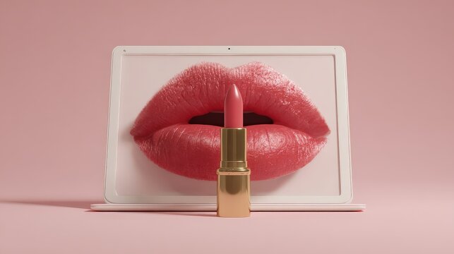 A laptop in the background, with the screen displaying a pair of textured, pink-red lips. Representing virtual try-on features, beauty apps, or online cosmetic shopping experiences.