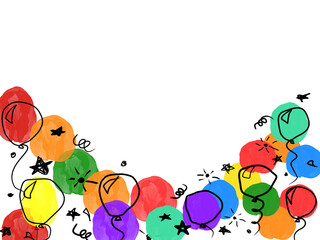 Fototapeta premium birthday banner. frame hand drawn cartoon watercolor balloons symbols of birthday party. design holiday greeting card and invitation of birthday and holidays background