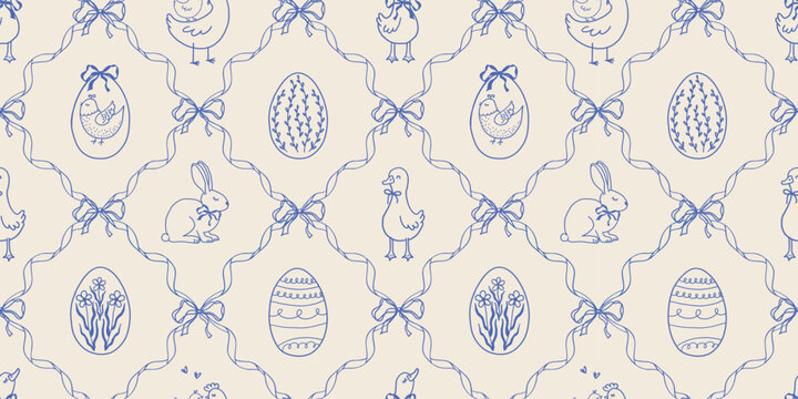 Cute vintage Easter seamless pattern with geese, chickens, bunny, eggs ribbon frames and bows in whimsical doodle hand drawn style. Vector design for print, wrapping paper, fabric, wallpaper, textile