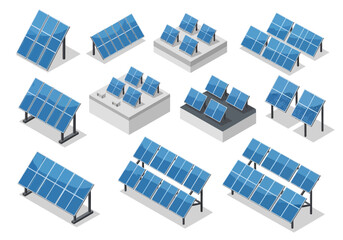 Collection of isometric solar panels on stands and roofs, representing renewable energy solutions and eco-friendly technology © Surya