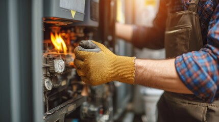 Technician performing boiler maintenance on a furnace using tools and wearing glove, representing plumber service, inspection and repair of heating system.