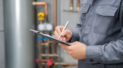 Technician inspecting heating system for preventative maintenance, worker with clipboard checking boiler and pipework, ensuring safe operation and efficiency.