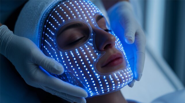 Beautician places led face mask on woman undergoing new light-based anti aging treatment, combining device, skincare and clinical aesthetic care.
