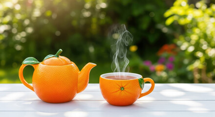 Orange fruit design teapot and cup on a wooden table with blurred garden background. Tea time, healthy drink concept with copy space.