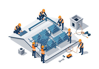 Solar panel installation process, construction workers installing solar energy system on rooftop for renewable electricity generation © Surya