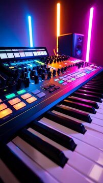Electronic music production setup with illuminated midi controller and keyboard in vibrant neon lighting