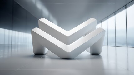A large, abstract 3D sculpture in a modern, minimalist gallery or office lobby.