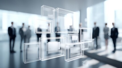 A sequence of floating, transparent 3D wireframe boxes with a group of blurring professionals wearing business suits standing in what appears to be a modern office lobby or atrium.