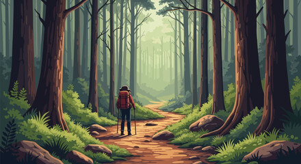 Fototapeta premium Lone hiker with backpack walking on path through a lush green forest