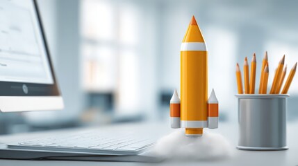 A stylized office desk where creativity and technology meet to launch a new idea.