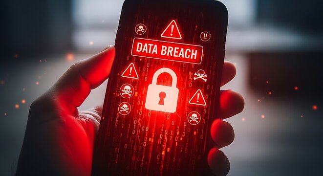 A hand holding a smartphone with a data breach warning on the screen