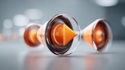A translucent, glass-like orange "Play" button icon set within a circular, layered glass housing.