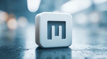A white 3D embossed cube, a lowercase letter "m" (or a symbol similar to a horseshoe or staple), a physical app icon, or a corporate logo block.