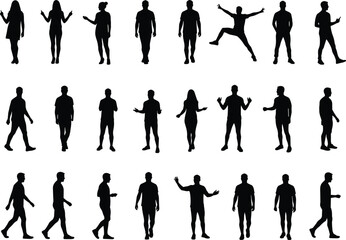 Fototapeta premium Silhouette people walking, standing poses, human figures collection, black silhouettes, posture gestures, crowd illustration, vector design, motion analysis, lifestyle concept, teamwork