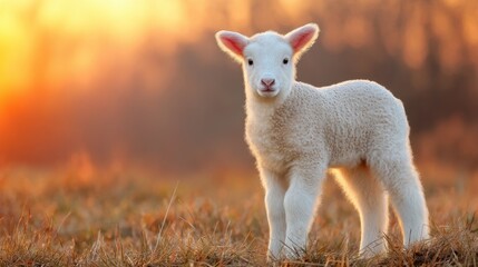 Fototapeta premium Adorable White Lamb Standing in Nature During Sunrise with Soft Golden Light and Scenic Background