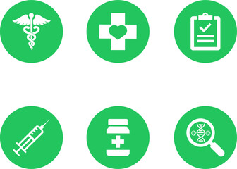 Healthcare Icon Collection in Cyber Green, Vibrant Minimalist Medical Symbols Set including Caduceus, Medical Cross, and Syringe for UI Web Design