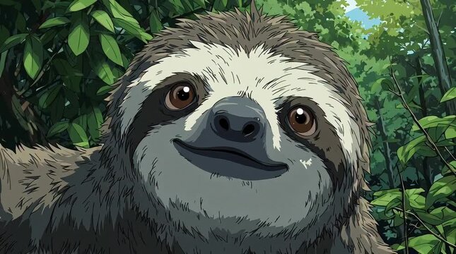 Animated Anime Cute Slow Sloth Smiling on Tree Branch in Lush Forest Environment