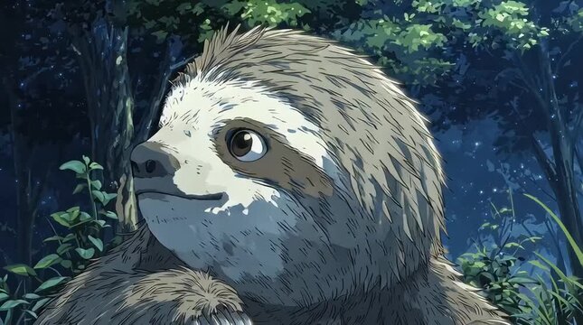 Animated Anime Cute Slow Sloth Smiling on Tree Branch in Lush Forest Environment